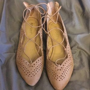 Zip back lace top flats